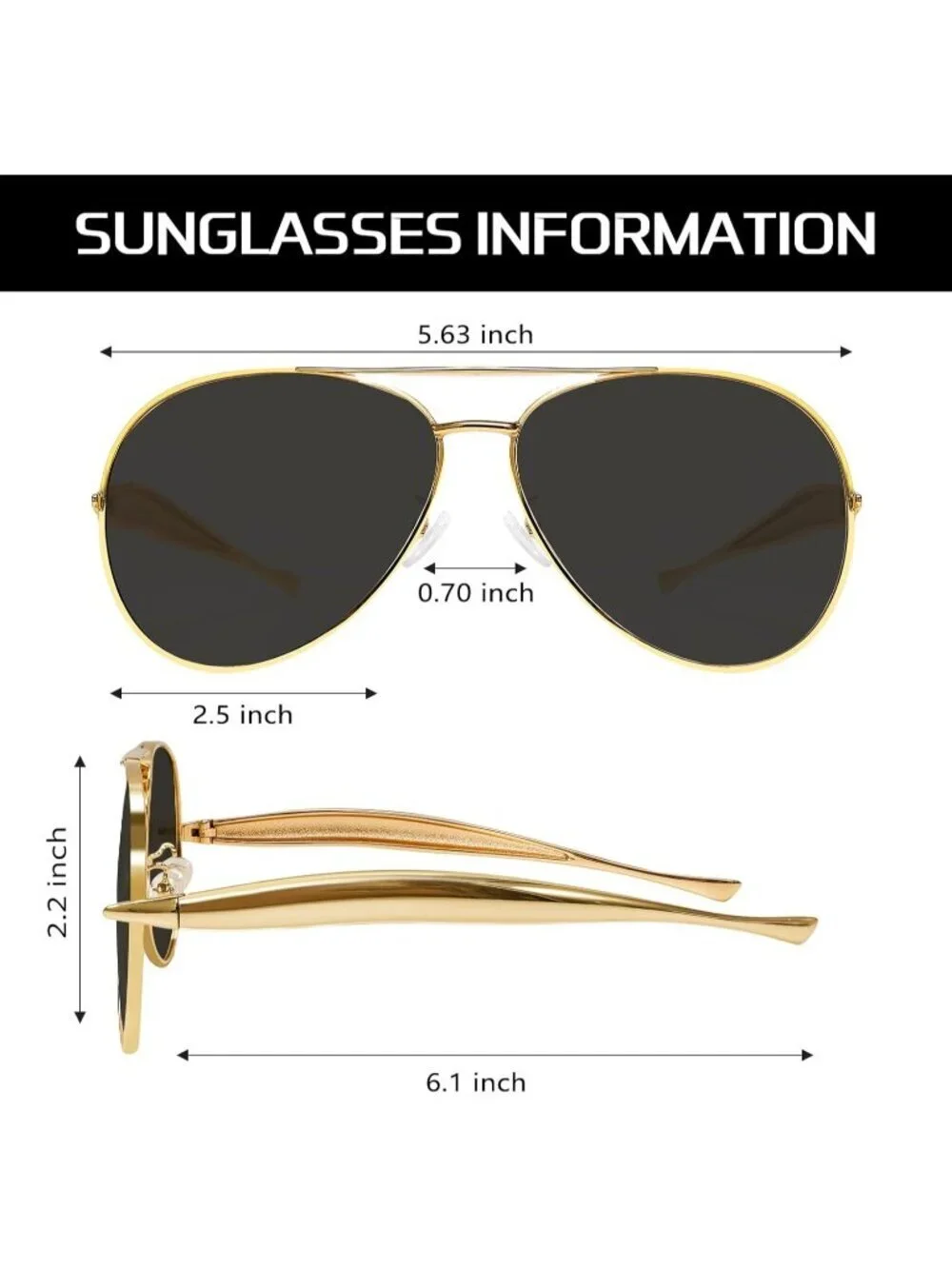 Unisex Gold Frame Black Lens Aviator Sunglasses Metal Oversized Aviators Sun